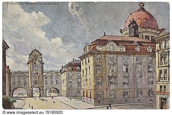 Adolf Hitler - a watercolour of the Bavarian Ministry of Transport Fine and detailed painting on textured watercolour paper  the architecture is well captured  with the cobbled ArnulfstraÃŸe near the central station in the foreground  the title 'MÃ¼nchen. K.B. Verkehrsministerium' on the lower left  signed 'A. Hitler' on the lower right. Dimensions of 20th century