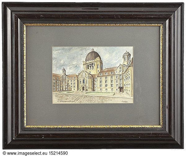Adolf Hitler - a watercolour of the Bavarian Ministry of Transport Fine and detailed painting on textured watercolour paper  the architecture is well captured  with the cobbled ArnulfstraÃŸe near the central station in the foreground  the title 'MÃ¼nchen. K.B. Verkehrsministerium' on the lower left  signed 'A. Hitler' on the lower right. Dimensions of 20th century