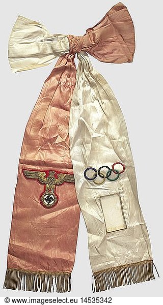 Adolf Hitler  personal bow for wreaths for Olympic winners 1936 Two watered silk bands ending in a gold fringe hanging. The red side with Hitler's personal eagle in gold embroidery contrasted with black wings in front of a red background  the white side decorated with the Olympic rings embroidered in colour. The bands are soiled  a few defects. An extremely rare historic document  has never before appeared on the market  historic  historical  1930s  20th century  Olympic Games  Olympics  Olympiad  sports  tournament  tourney  tournaments  tourneys  object  objects  stills  clipping  clippings  cut out  cut-out  cut-outs  medal  decoration  medals  decorations  honouring  honor  honour  honors  honours  badge  badges  object  objects  stills  clipping  clippings  cut out  cut-out  cut-outs