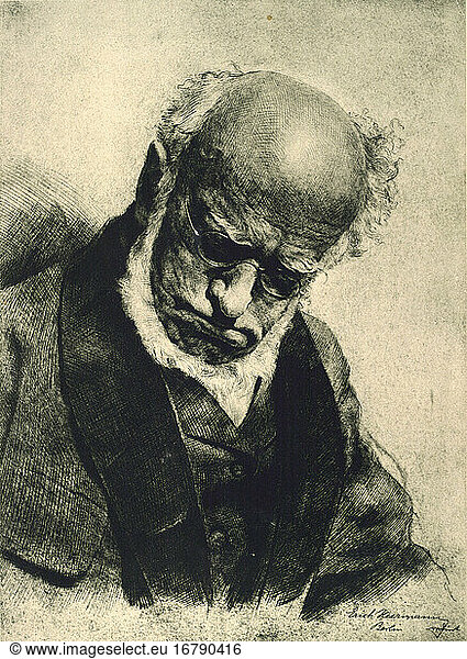Adolph von Menzel  painter  draftsman and graphic artist 
Breslau 8.12.1815 – Berlin 9.2.1905. “Adolph of Menzel  sleeping . Etching by Erich Heermann (b. 1880).
