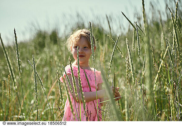 Adorable little girl among grass in Iceland