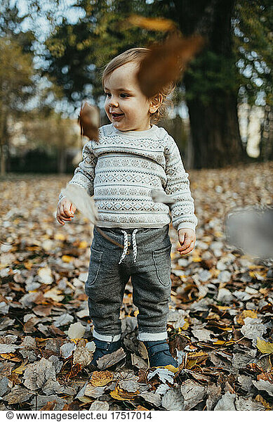 Adorable one year old boy walking and playing in autumn park.