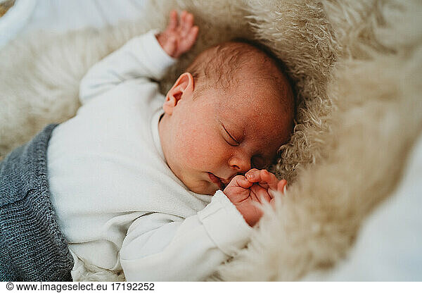 Adorable white newborn baby sleeping in Moses basket with cozy rug