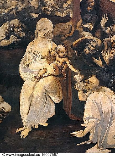 Adoration of the Magi  by Leonardo da Vinci  circa 1482. Oil on wood. The Uffizi Gallery is a prominent art museum located adjacent to the Piazza della Signoria in the Historic Centre of Florence in the region of Tuscany  Italy. Photo: Andr? Maslennikov.