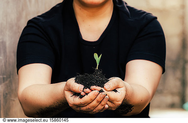 Adults hold small trees. Earth Day is environmentally friendly.