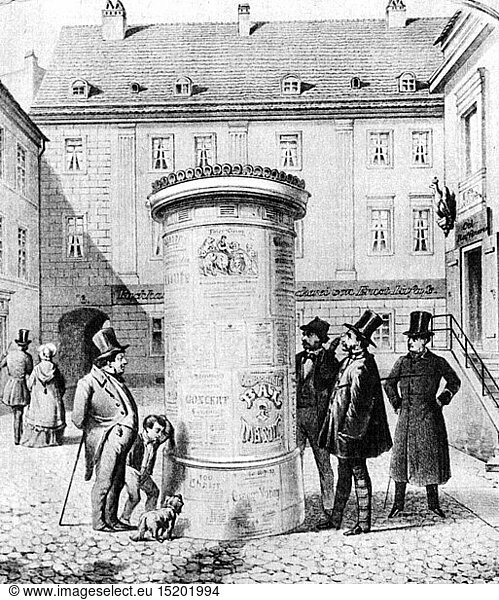 advertising  advertising medium  advertising pillars  the first advertising pillar at Muenzstrasse in Berlin  erected 15.4.1855