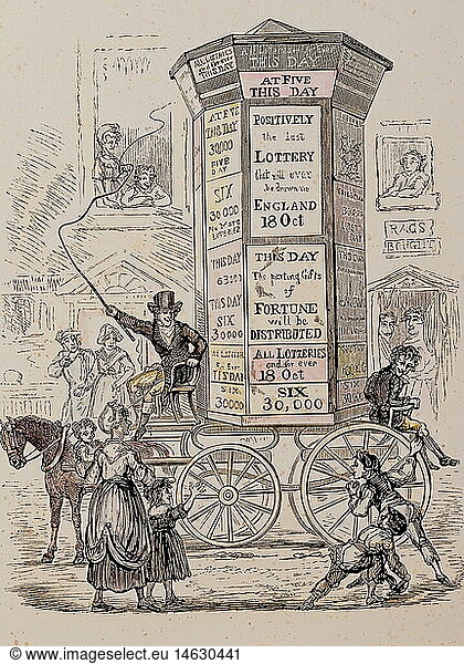 advertising  advertising pillar of the state lottery  London  1826  coloured woodcut from 'A History of Advertising'  Chatto and Windus publishing house  London  1874