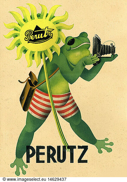 advertising  advertising sign for Perutz photographic film  frog is taking a photo  Perutz Photowerke GmbH  Munich  Perutz was taken over by Agfa in 1964  Germany  circa 1956  joking  funny  advertising characters  advertising character  rich in tradition brand  German photographic industry  photochemical industry  movie  photo camera  analogue  analog  analogue photograph  Perutz Photo Factory  humor  humour  joke  jokes  frolic  comical  comic  illustration  advertising sign  advertising paperboard  advertising  business company  economy  1950s  50s  trade name  brand name  marque  trade names  brand names  trade mark  trademark  TM  tradename  brand  brands  branded  camera  cameras  historic  historical  20th century