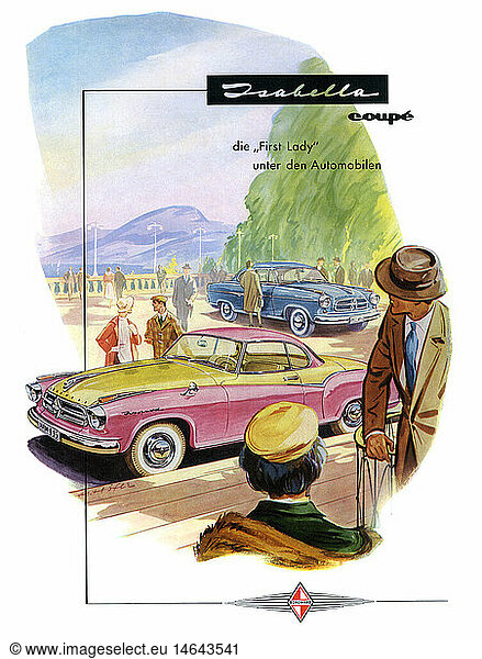 advertising  automobiles  for Borgward Isabelle coupe  75 horsepower  maximum speed: 150 kph  two-door model  made by: Carl F. W. Borgward private limited corporation  automotive and engine works  Bremen  the Isabelle coupe was produced from 1957-1961  Germany  1959  car advertising  automobile industry  advertising  Made in Germany  economic miracle  economic miracles  German  Germans  50s  1950s  car industry  auindustry  20th century  historic  historical  people