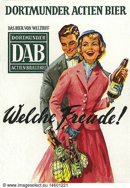 advertising  beer  beverages  man and woman buying beer  advertising slogan: 'Welche Freude!' (What a joy)  Dortmunder Actien Brauerei  advertising postcard  Dortmund  Germany  1961