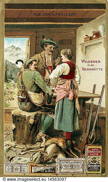 advertising  beverages  coffee  'Andre Hofer Feigenkaffee'  lithograph  poacher in a alpine hut  gastronomy  Germany  circa 1910  private collection
