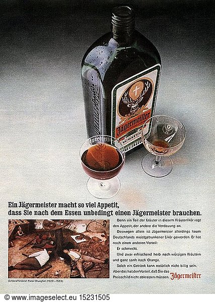advertising  beverages  distilled beverages  advert for Jaegermeister herb liqueur  from a magazine  April 1969  Germany