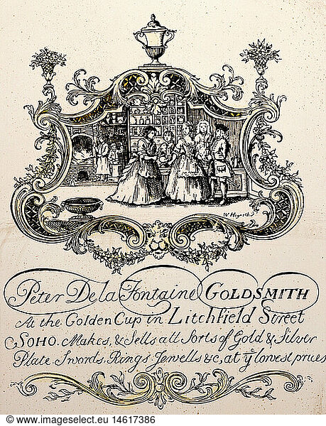 advertising  business cards  advertising card of a goldsmith  copper engraving  by William Hogarth (1697 - 1764)  private collection  print  prints  graphic  graphics  Great Britain  England  historic  historical  18th century  trade  Hogart  people