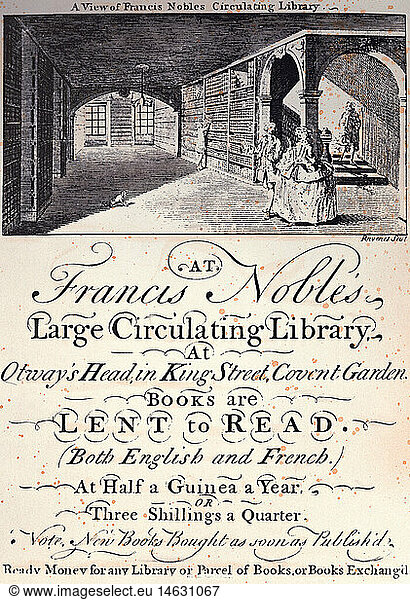 advertising  business cards  advertising card of a lending library  Covent Garden  London  copper engraving  mid 18th century  private collection  print  prints  graphic  graphics  Great Britain  England  historic  historical