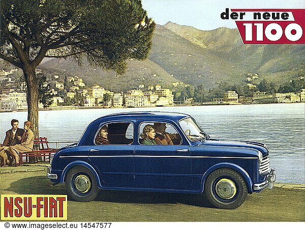 advertising  cars  NSU Fiat 1100  Italy  1953  1950s  50s  20th century  historic  historical  lakefront  lakeside  holiday trip  holiday trips  Lake Garda  travel  traveling  travelling  four-seater  four-seaters  Italian  column gear change  automobile  automobiles  car  people