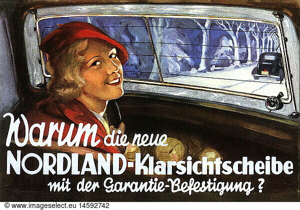 advertising  clear-sightedness windscreen of the Nordland company  female driver in car during wintertime  Austria  circa 1933