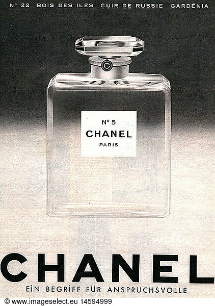 advertising  cosmetics  Chanel No 5  advertisement in magazine  1955  historic  historical  press/media  Germany  1950s  50s  20th century  page  brand  parfume  luxury  woman  women  female