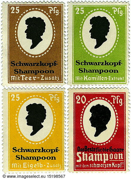 advertising  cosmetics  four advertising stamps  Schwarzkopf Company  advertising for Shampoon  Germany  circa 1913