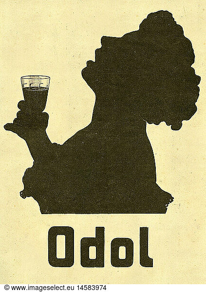 advertising  cosmetics  Odol  mouthwash  silhouette  woman  gurgle with Odol  extremely early Odol advertising  newspaper advertising  Odol was invented 1893 by Karl August Lingner  Dresden  Germany  circa 1899