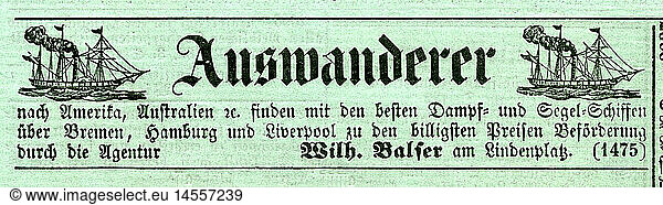 advertising  emigrants  advertisement in the Giessener Anzeiger from 30.05.1874  advertising for the passage to America or Australia via Bremen  Hamburg  Liverpool  Germany  1874  with sailing ships  steamship  steamships  advertisements  advertisement  advert  ad  adverts  ads  enrollment  enrolment  enrolments  ships  emigrant ship  emigrate  emigrating  emigrants  emigrees  emigres  19th century  advertising journal  advertising paper  advertising journals  advertising papers  give-away ad newspaper  migration  emigrations  inner emigration  historic  historical