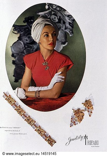 advertising  fashion  accessories  advertisement for jewellery and gems by Trifari  1945