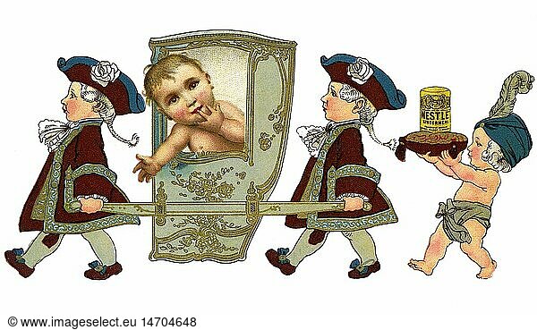 advertising  food  baby carried in a sedan  advertising for Nestle children flour  advertising postcard  this postcard could used at that time as joking announcement of birth  Germany  1924