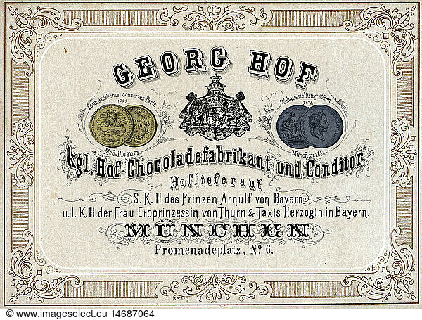 advertising  food  chocolate  label of the chocolate manufacturer and confectioner Georg Hof  Munich  late 19th century  Royal Bavarian warrant of appointment  coat of arms  Kingdom of Bavaria  industry  industries  German Empire  Imperial Era  food  foodstuff  chocolate  chocolates  label  labels  historic  historical