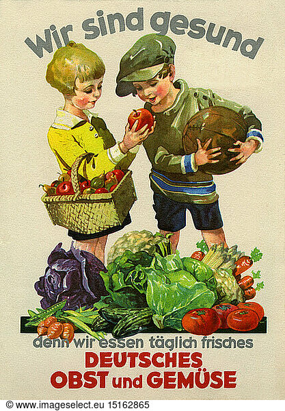 advertising  food  German fruits and vegetable  advertising postcard  advertising slogan: we are healthy  because we eating daily fresh German fruit and vegetable  Germany  1931