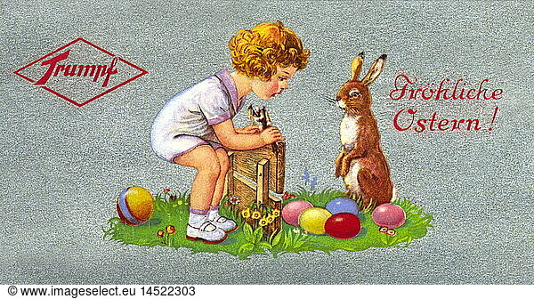 advertising  Happy Easter  child and easter-bunny  Trumpf chocolate  Germany  circa 1929