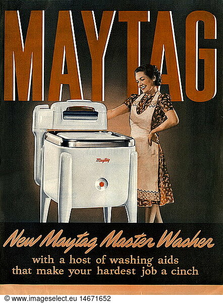 advertising  household  advertising for a new washing machine by Maytag  Master Washer  electrical washing machine with separate wringer on top  magazine advertising  USA  1938