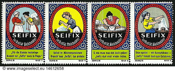 advertising  household  housewife doing the laundry  advertising for the self-acting bleaching agent Seifix  series of poster stamps  Germany  circa 1913