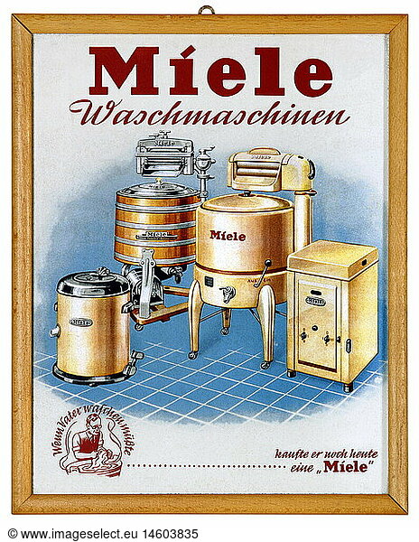 advertising  household  Miele  washing machine  advertising poster  Guetersloh in Westphalia  Germany  circa 1935  advertising panel  laundry  wash  laundry washing  washtub  wash tub  father of a family  household  households  consumer good  consumer item  consumer goods  consumer items  product  products  branded goods  combined with on the top wringer  brand  brands  branded  Miele Plant  founded 1899  market leader  household appliance  domestic appliance  household utensil  household appliances  domestic appliances  household utensils  washing machine  washing machines  bill  placard  bills  posters  placards  advertising poster  Miele advertising  illustration  30s  clipping  cut out  cut-out  cut-outs  1930s  20th century  historic  historical  Gutersloh  GÃ¼tersloh