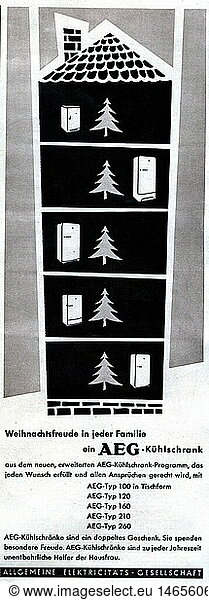 advertising  houshold appliances  AEG refrigerator  advertisement in magazine  1955  historic  historical  press/media  Germany  1950s  50s  20th century  brand  electronic product  kitchen  typ model 100  120  160  210  260  christmas present