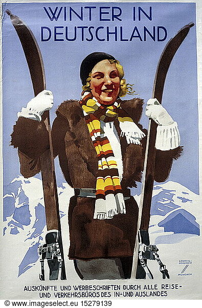 advertising  Ludwig Hohlwein (1874 - 1949)  advertising poster for winter in Germany  print: Hermann Sonntag & Co.  Munich  circa 1935