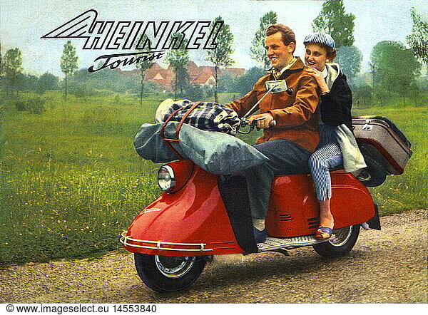 advertising  motor scooter Heinkel Tourist  lovers during trip into green  Germany  circa 1958