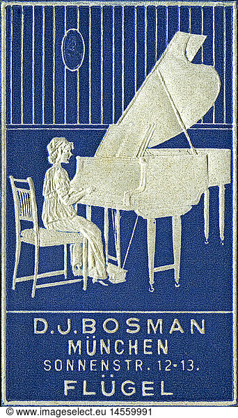 advertising  musical instrument  child playing piano  D. J. Bosman piano store  Sonnenstrasse 12-13  Munich  historic poster stamp  Germany  circa 1910  advertising  open grand piano flip  piano lesson  piano lessons  music  shop  shops  store  stores  sales  selling  sell  piano sale  business address  poster stamp  embossing  emboss  Art Nouveau  Jugendstil  illustration  musical instrument  instrument  musical instruments  instruments  1910s  10s  20th century  trade  child  children  kid  kids  historic  historical  people