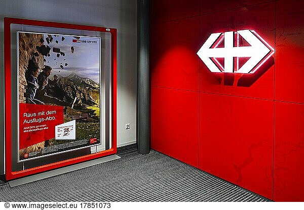 Advertising poster and SBB logo  Switzerland  Europe
