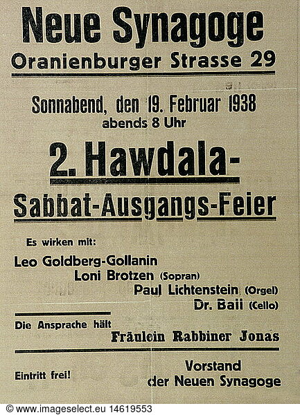 advertising  poster  second Havdalah / end of Shabbat celebration  New Synagogue  Berlin  1938