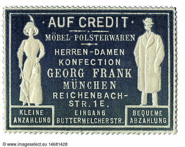 advertising  stamps  furniture and upholsteries  Georg Frank  Munich  Germany  circa 1910  historic  historical  trade  collecting stamp  clipping  advertisment  20th century  1910s  Reichenbachstrasse 1  clothes  ready-made  clothing  people