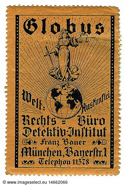 advertising  stamps  Globus detective agency  Munich  Germany  circa 1910  historic  historical  trade  collecting stamp  clipping  advertisment  20th century  1910s  lawyer  advocate  institute  Bayerstrasse 1  Lady Justice  people