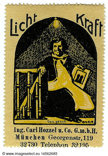 advertising  stamps  Licht Kraft  Carl Hozel & Co  Munich  Germany  circa 1910  historic  historical  trade  collecting stamp  clipping  advertisment  20th century  1910s  light bulb  bulbs  illuminant  energy  electricity  Georgen strasse 119  household  people