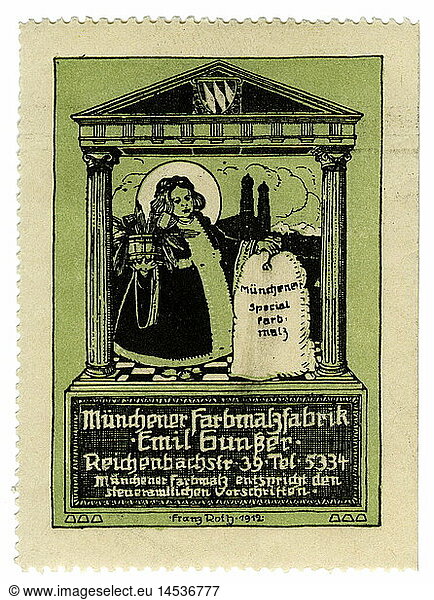 advertising  stamps  Munich colour malt factory Emil Gunsser  Germany  circa 1910  historic  historical  trade  collecting stamp  clipping  advertisement  Reichenbachstrasse 39  food  20th century  people  1910s