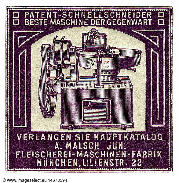 advertising  stamps  Patent high-speed cutter machine  A. Malsch junior  butcher machine factory  Lilienstrasse 22  Munich  Germany  circa 1910  historic  historical  trade  collecting stamp  clipping  advertisement  product  technics  appliance  industry  20th century  1910s
