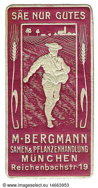 advertising  stamps  seed & plant trade shop M. Bergmann  Munich  Germany  circa 1910  historic  historical  trade  collecting stamp  clipping  advertisment  20th century  1910s  Reichenbachstrasse 19  seeds  ear  field  farming  agriculture  people
