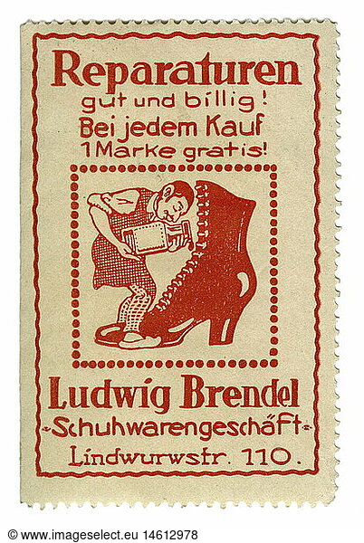 advertising  stamps  shoe shop Ludwig Brendel  Munich  Germany  circa 1910  historic  historical  trade  collecting stamp  clipping  advertisment  Lindwurmstrasse 110  reparation  repair  shoemaker  service  half-boot  20th century  people  1910s