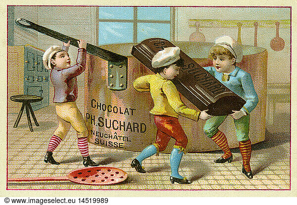 advertising  Suchard advertising  advertising picture  Chocolat Suchard  Ph. Suchard  lithograph  Switzerland  circa 1899  Neuchatel  chocolate production  children  child  kids  kid  producing  produce  chocolate  chocolates  Swiss branded article  company established in 1826  advertising  litho  19th century  manufacturing  making  building  creation  production  manufacture  confectionery  dainty  dainties  sweet  candy  sweets  candies  candy bar  chocolate bar  candy bars  chocolate bars  branded goods  advertising picture  advertising pictures  historic  historical  people