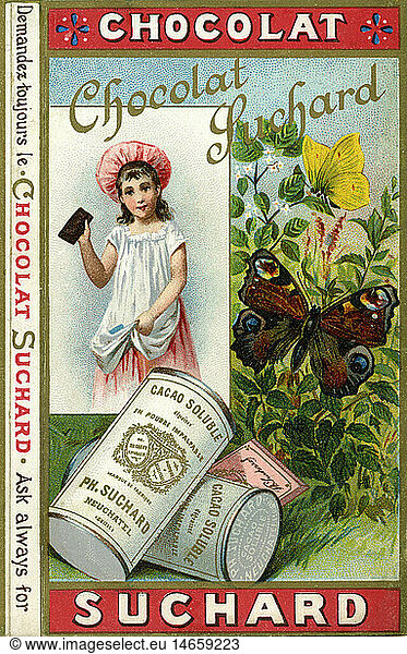 advertising  Suchard advertising  Chocolat Suchard  Ph. Suchard  Neuchatel  company established in 1826  advertising slogan: 'Demandez toujours le Chocolat Suchard'  lithograph  Switzerland  circa 1897