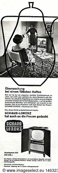 advertising  television set  Schaub Lorenz  Illustraphon 553  advertisement in magazine  1955  historic  historical  press/media  Germany  1950s  50s  20th century  brand  tv sets  shelf  furniture  electric product  people