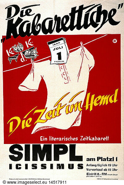 advertising  theatre / theater  Simplicissimus  Die Kabarettiche  Munich  1947  poster