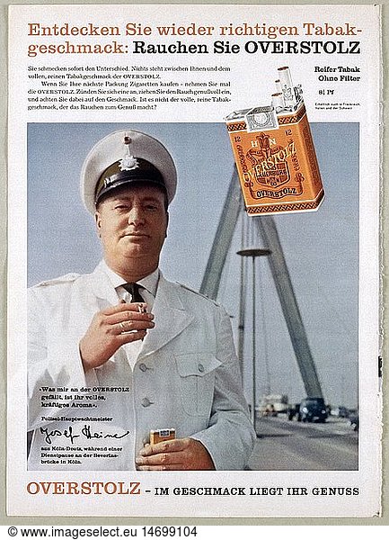 advertising  tobacco  advertisement for Overstolz cigarettes with police chief constable Josef Heine  Cologne  early 1960s